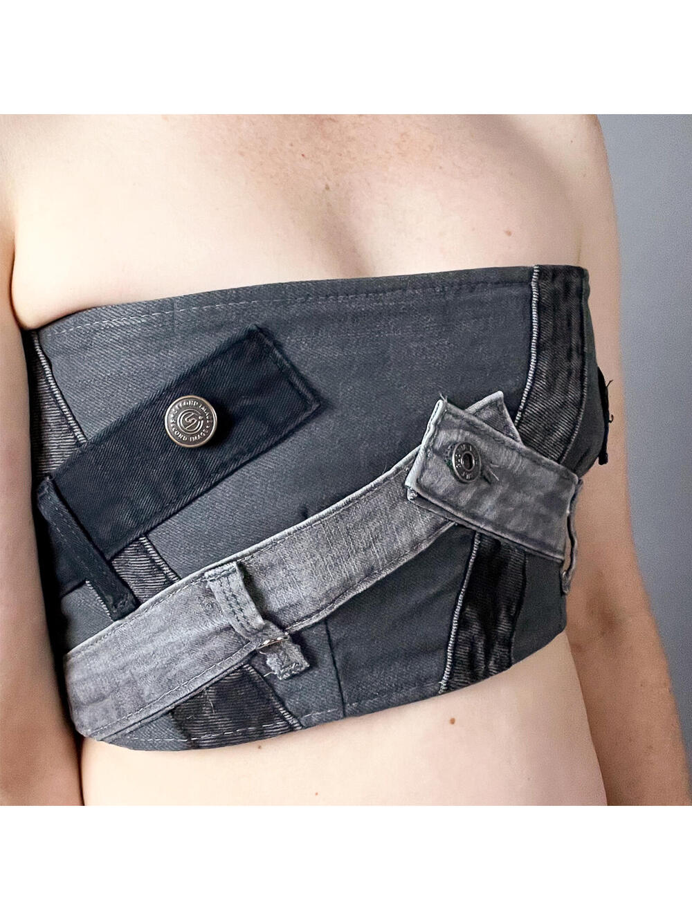 Denim Tube Top | Upcycled Denim Black Bandeau Top Lace Up Reworked Jeans